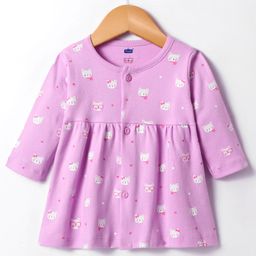 Simply Interlock Full Sleeves Front Open Frock with Bunny Print - Lavender-86