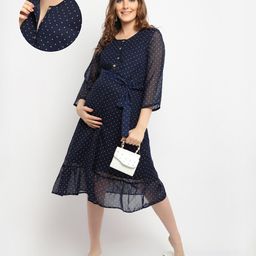 Moms Maternity Georgette Three Fourth Sleeves Polka Dots Printed Maternity Dress With Nursing Access - Navy Blue-image-65