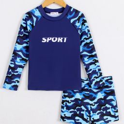 Mark & Mia Full Raglan Sleeves Two Piece Swimsuit with Abstract Print - Navy Blue-image-66