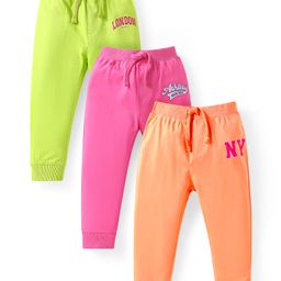 Babyhug Terry Knit Full Length Printed Lounge Pants Pack of 3 - Orange Dark Pink & Green-image-37
