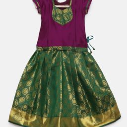 BABY Lakshmi Half Puffed Sleeves Patch Embroidered Floral Foil Printed Pattu Pavadai Set - Violet-image-35