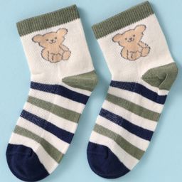 Mustang Cotton Knit Ankle Length Socks with Stripes & Teddy Design - White Green & OffWhite-image-44