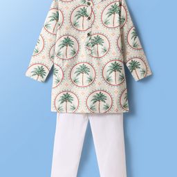Babyoye Cotton Woven Full Sleeves Kurta Pyjama Set With Tree Print - White-image-23