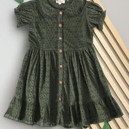 Bella Moda Cotton Half Puffed Sleeves Schiffli Embroidered Shirt Style Dress - Dark Green-picture-16