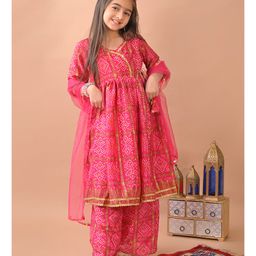 Kinder Kids Cotton Blend Three Fourth Sleeves Bandhani Designed Kurta With Coordinating Palazzo & Dupatta Set - Pink-image-76