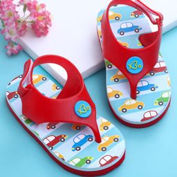 Babyoye Velcro Closure Flip Flops with Cars Print - Red-image-58