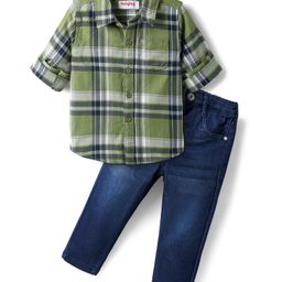 Babyhug Cotton Woven Full Sleeves Checkered Shirt & Denim Jeans - Olive Green & Blue-image-52