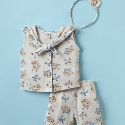 ToffyHouse Cotton Woven Sleeveless Sailor Neck Top & Shorts Co-Ord Set With Teddy Bear Print & Headband - White-image-94