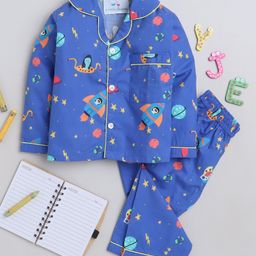 Knitting Doodles Pure Cotton Woven Full Sleeves Space Theme Printed Coordinating Night Suit Set - Dark Blue-image-54