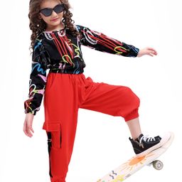 Ollington St. Cotton Printed Full Sleeves Sweatshirt And Joggers Set - Black & Red-image-45