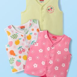 Babyhug 100% Cotton Cambric Woven Sleeveless Jhablas With Floral Print Pack Of 3 - Pink White & Olive Green-image-59