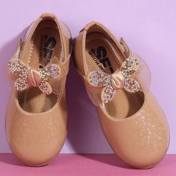 SHOES FOR JUNIORS Butterly Applique Detailed & Rhinestones Embellished With Velcro Closure Mary Jane Ballerinas - Beige-image-60