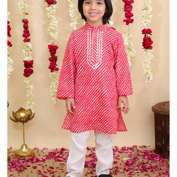 BownBee Pure Cotton Woven Full Sleeves Leheriya Printed Gota Lace Embellished Kurta Pyjama - Red-image-64