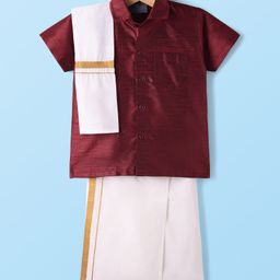 Dapper Dudes Half Sleeves Textured Shirt With Mundu & Geometric Foil Printed Angavastram Set - Maroon-picture-28