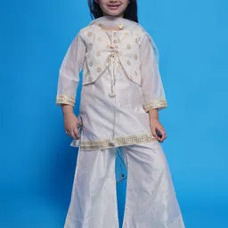 Little Bansi Girls Woven Design Chanderi Cotton Straight Kurta With Palazzos & Dupatta-image-34