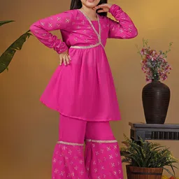 Sangria Printed V Neck Kurta With Trouser & Dupatta Set-image-49