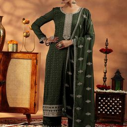 Libas Women Floral Embroidered Regular Sequinned Kurta with Palazzos & With Dupatta-image-18