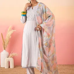 Madhuni Women Embroidered Regular Thread Work Kurta with Trousers & With Dupatta-15