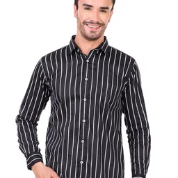 DESIGN UP Men Classic Spread Collar Striped Cotton Slim Fit Casual Shirt-image-31