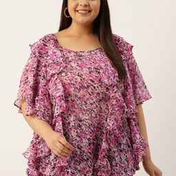 theRebelinme Plus Size Abstract Print Flared Sleeves Ruffled Georgette Longline Top-picture-13