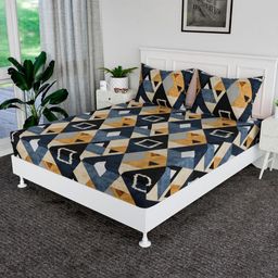 Aura Blue & Brown Geometric 144 TC Bedsheet with 2 Pillow Covers-picture-6