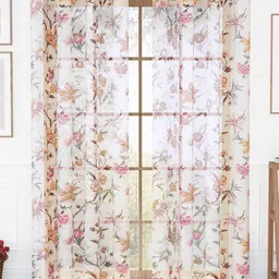 Story@home Cream-Coloured & Orange Set of 2 Floral Sheer Long Door Curtain-9