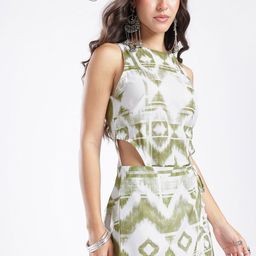 glitchez Geometric Printed Cut-Out Waist Tie-Up Basic Jumpsuit With Pom Pom Detail-picture-7