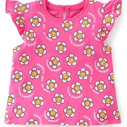 Babyhug Cotton Knit Sleeveless T-Shirt Floral Print & Frill Detailing - Pink-image-76