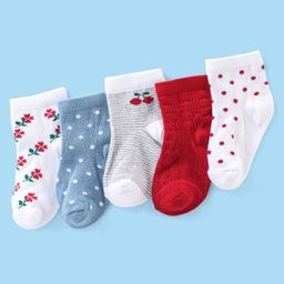 Cute Walk By Babyhug Cotton Knit Anti Bacterial Ankle Length Socks Stripes & Floral Design Pack Of 5 - Red Blue & White-image-38