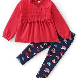 Babyhug 100% Cotton Knit Full Sleeves Top & Leggings Set With Mushroom Print - Red & Navy Blue-image-26