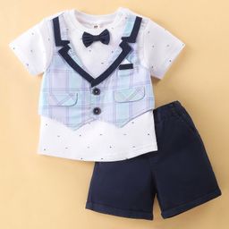 ToffyHouse Half Sleeves Party Suits with Attached Checked Waist Coat -Navy Blue-image-35