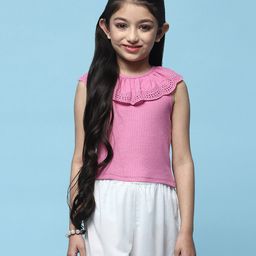 BIBA Sleeveless Schiffli Embroidered Cotton Top  - Pink-picture-0