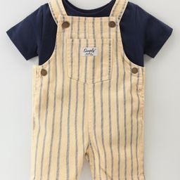 Simply Premium Cotton Striped Dungaree with Solid Colour T-Shirt - Yellow & Blue-image-59