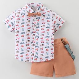 ToffyHouse 100% Woven Cotton Half Sleeves Vehicle Printed Shirt & Shorts Set With Suspender & Bow - Multicolor-image-96