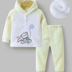 Kookie Kids Raglan Sleeves Hooded Winter Wear Suit With Teddy Embroidery - Beige & White-image-99