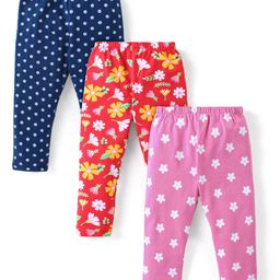 Babyhug Cotton Lycra Knit Full Length Leggings With Floral & Polka Dots Print Pack Of 3 - Navy Red & Pink-image-114