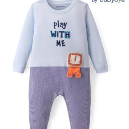 Babyoye 100% Cotton Knit Full Sleeves Romper with Puffed Text Print & Lion Applique - Blue-image-72