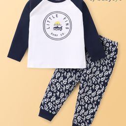 Babyoye 100% Cotton Knit Raglan Sleeves T-Shirt & Lounge Pants Set With Text Print - Blue & White-image-35