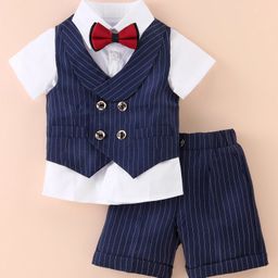 Kookie Kids Half Sleeves Striped 3 Piece Party Suit with Bow - Blue-image-94