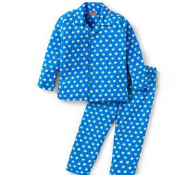 Babyhug Cotton Knit Full Sleeves Front Open Collared Night Suit Star Print - Blue-image-77