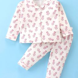 Doreme Single Jersey Full Sleeves Pyjama Set with Floral Print - White & Light Pink-picture-10