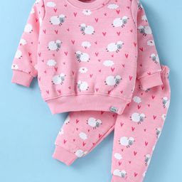 Teddy Fleece Knit Full Sleeves Winter Wear  Night Suit with Sheep Print - Pink-picture-42