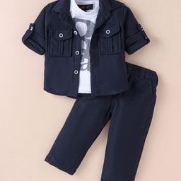 Robo Fry Viscose Knit Full Sleeves Solid Colour Shirt & Trouser Set with Text Printed T-Shirt - Navy Blue-image-90