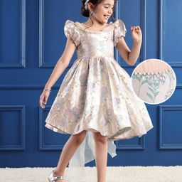 Mark & Mia Half Puffed SleevesFloral Foil Printed Party Frock with Pearl Detailing - Light Blue-image-49