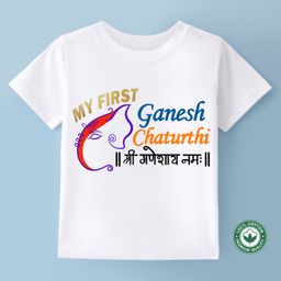 BLUSHES Ganesha Theme 100% Cotton Half Sleeve Ganesh Chaturthi Printed Tee-White-image-22