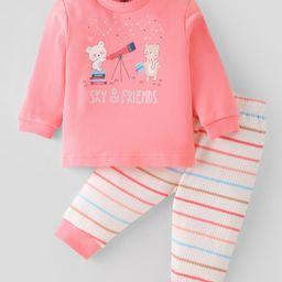 Zero Interlock Knit Full Sleeves T-Shirt & Lounge Pants Set With Bear Print - Baby Pink-image-15