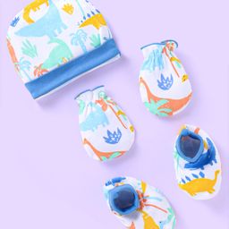 Babyhug 100% Cotton Knit Cap Mittens & Booties with Dino Print - White & Blue-image-55