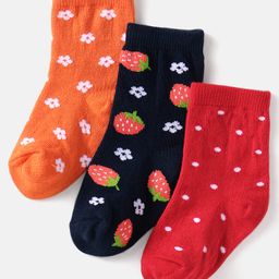 Cute Walk By Babyhug Cotton Knit Anti-Bacterial Ankle Length Socks With Fruit Polka Dot & Floral Design Pack Of 3 - Black Red & Orange-image-51