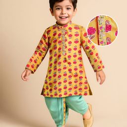 Babyhug Cotton Woven Full Sleeves Kurta Dhoti Set With Floral Print - Mustard-image-60