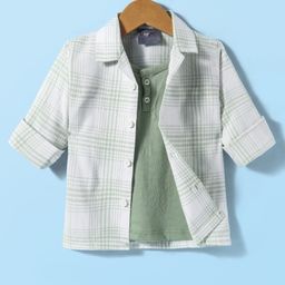 Dapper Dudes Full Sleeves Checked Shirt With Attached Tee - Green-image-88